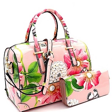 Stylish Floral Print Patent 2-Way Boston Satchel Wallet Set MH-LY0972W