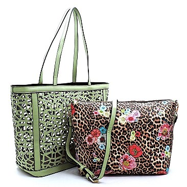 Laser Cut See Thru Shopper & Leopard Flower Crossbody 2-in-1 Set