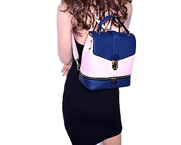 MA3016-LP Push-lock Color Block Convertible Backpack Satchel