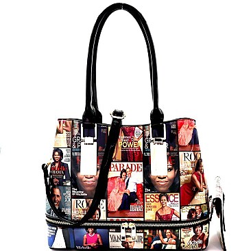 Magazine Print Zipper Accent 2 in 1 Tote Value SET MH-MB5007S