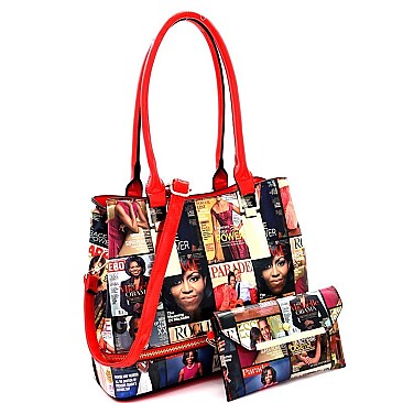 Magazine Print Zipper Accent 2 in 1 Tote Value SET MH-MB5007S