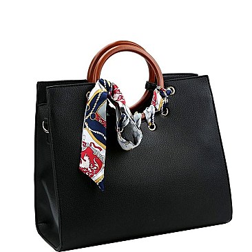 Fashionable Scarf Accent Wooden Handle Structured Satchel MH-MC0026-1
