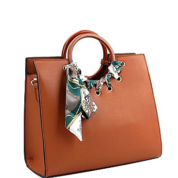 Fashionable Scarf Accent Wooden Handle Structured Satchel MH-MC0026-1