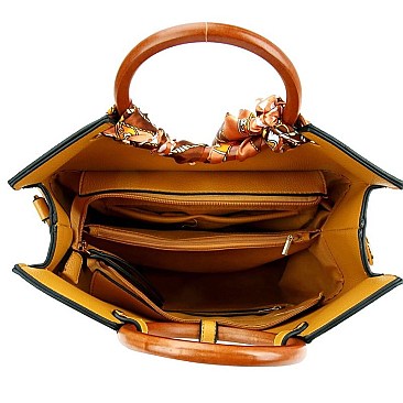 Fashionable Scarf Accent Wooden Handle Structured Satchel MH-MC0026-1