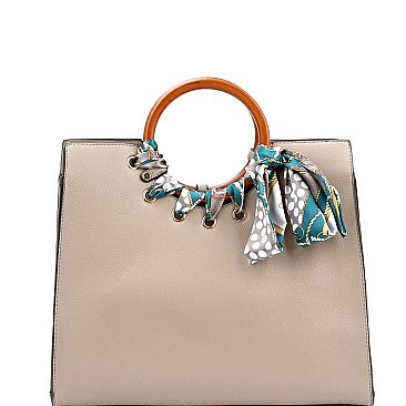 Fashionable Scarf Accent Wooden Handle Structured Satchel MH-MC0026-1