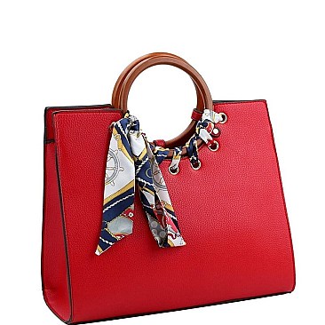 Fashionable Scarf Accent Wooden Handle Structured Satchel MH-MC0026-1