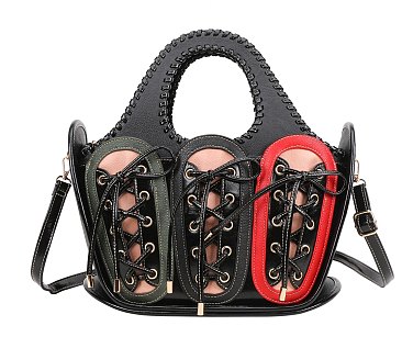 Premium Vegan Leather Woven Bucket Bag with Multi-color Splicing