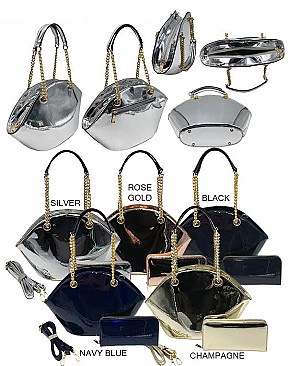 Shiny Patent Leather Satchel With Gold Chain 2-in-1 Set  RZ-ML102