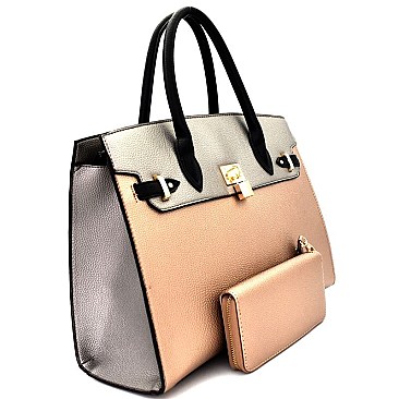 [S]MS1309ES-LP Padlock Accent 2 Tone Oversized Structured Satchel SET