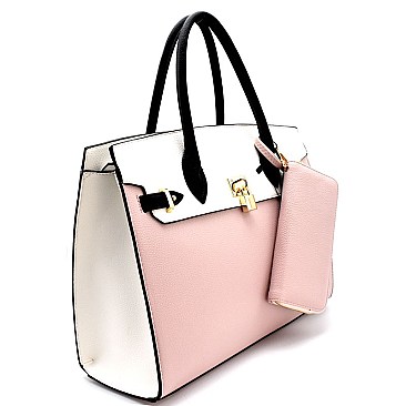 Padlock Accent 2-Tone Oversized Satchel Wallet SET MH-MS1309GS