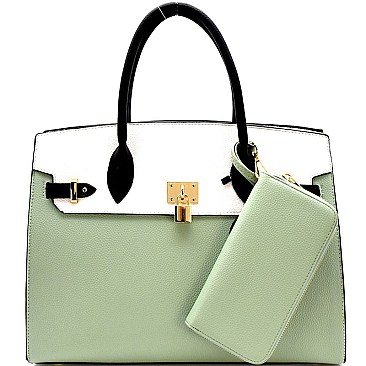 MS1309CS-LP  Padlock Accent 2 Tone Oversized Structured Satchel Set