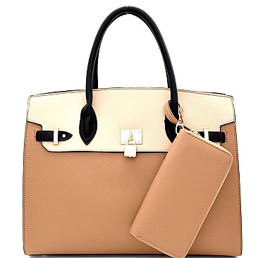 [S]MS1309CS-LP Padlock Accent 2 Tone Oversized Structured Satchel SET