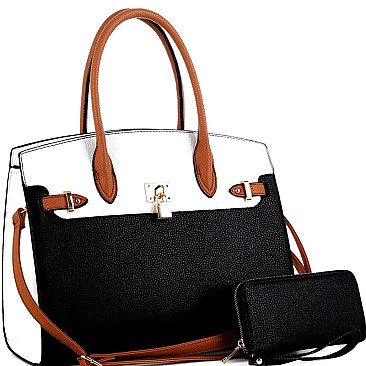 Padlock Accent 2-Tone Oversized Satchel Wallet SET MH-MS1309GS