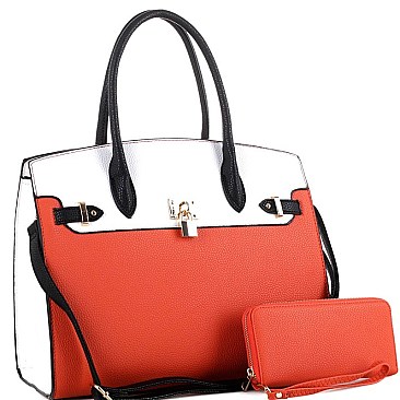 Padlock Accent 2-Tone Oversized Satchel Wallet SET MH-MS1309GS