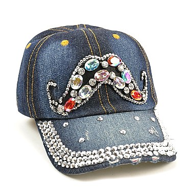 Rhinestone Mustache Vintage Denim Cap