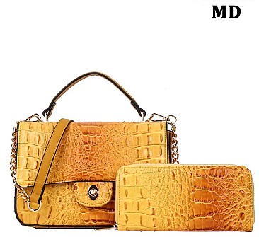 Crocodile Top-Handle Medium Flap Shoulder Bag Wallet Set