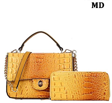Crocodile Top-Handle Medium Flap Shoulder Bag Wallet Set
