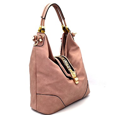 MY6031-LP Chain Flip-Lock Accent Bamboo Detail Strap Hobo