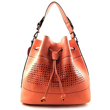 Flower Print Embossed Laser-cut Bag In Bag Drawstring Hobo