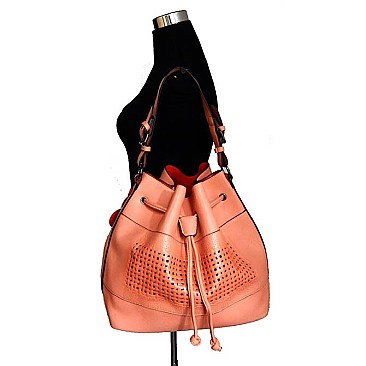 Flower Print Embossed Laser-cut Bag In Bag Drawstring Hobo