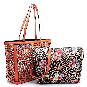 Laser Cut See Thru Shopper & Leopard Flower Crossbody 2-in-1 Set