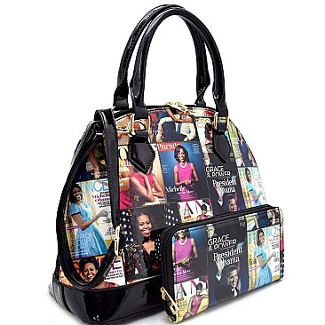 Obama Magazine Print Bottom Dome Shape Satchel Wallet SET