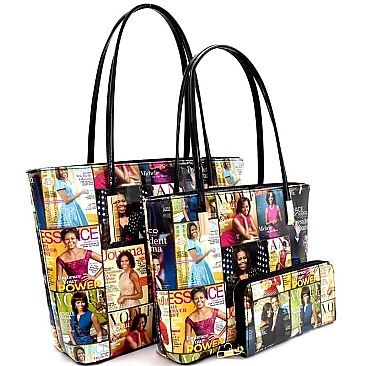 Magazine Print 3 in 1 Patent Twin Tote Wallet SET