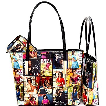 Magazine Print 3 in 1 Patent Twin Tote Wallet SET