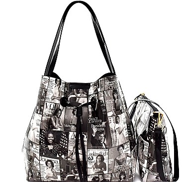 Magazine Print 2 in 1 Patent Drawstring Hobo OA2696