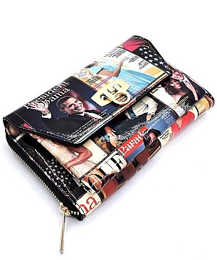 Zip Around Magazine Cover Collage Cross Body Clutch Wallet