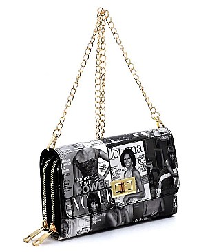 Twist Lock Magazine Cover Collage Cross Body Clutch Wallet