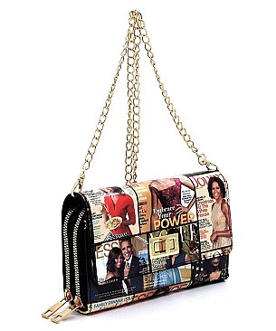 Twist Lock Magazine Cover Collage Cross Body Clutch Wallet