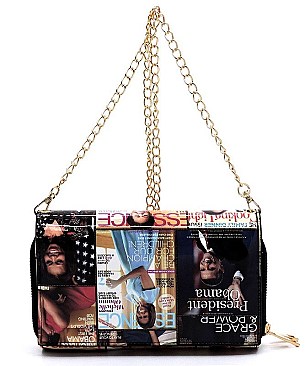 Twist Lock Magazine Cover Collage Cross Body Clutch Wallet