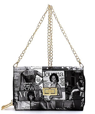 Twist Lock Magazine Cover Collage Cross Body Clutch Wallet