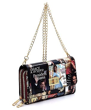 Twist Lock Magazine Cover Collage Cross Body Clutch Wallet