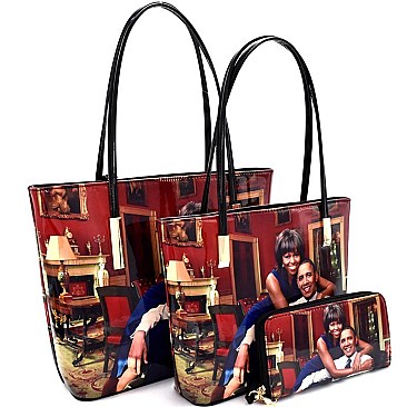 Magazine Print 3 in 1 Patent Twin Tote Wallet SET