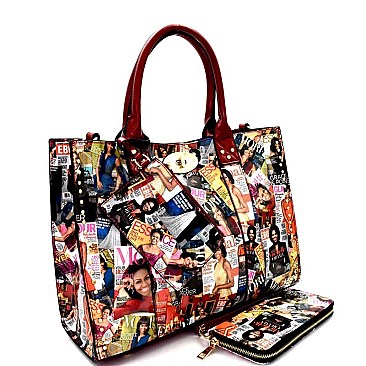 Magazine Print 3 in 1 Turn-Lock Satchel Wallet SET MH-OB6747W