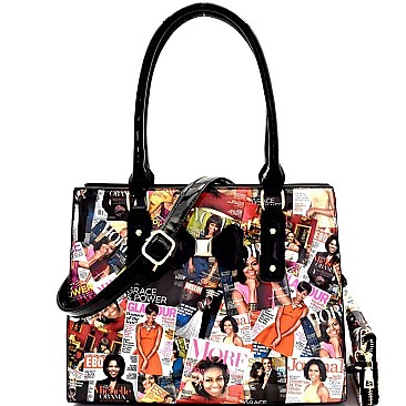 Fashion Magazine Print Bow Accent Tote Wallet SET MH-OB6923W