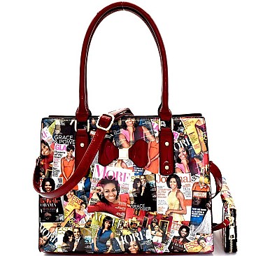 Fashion Magazine Print Bow Accent Tote Wallet SET MH-OB6923W