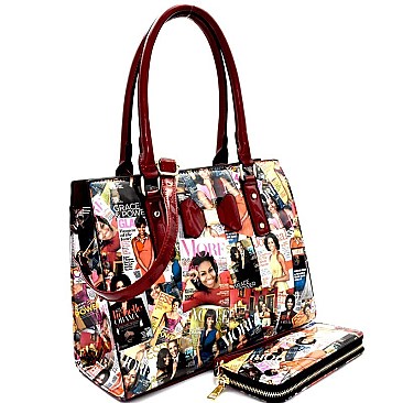 Fashion Magazine Print Bow Accent Tote Wallet SET MH-OB6923W