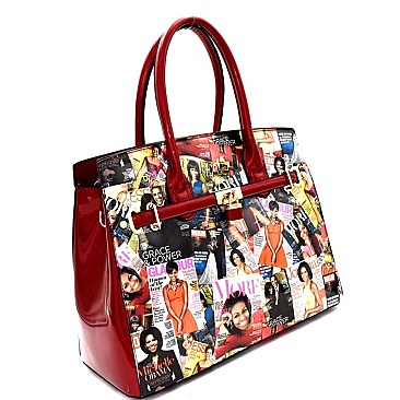 Obama handbag - Padlock Accent Magazine Print Large Satchel MH-OB6991