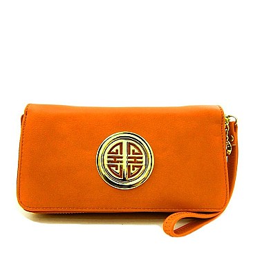 Double Zipper Emblem Accent Wristlet Wallet