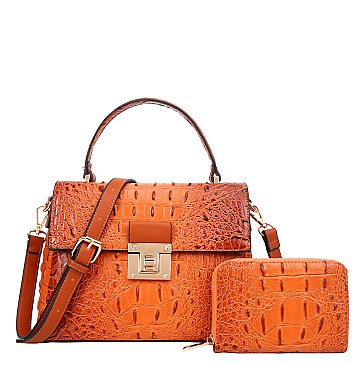 2 in 1 Crocodile Medium Flap Shoulder Bag Wallet Set