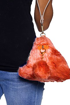 FAUX FUR CLUTCH PURSE WITH FUR POMPOM