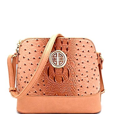 OS026-LP Ostrich Embossed Emblem Dome-Shaped Cross Body