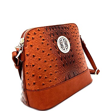 OS026-LP Ostrich Embossed Emblem Dome-Shaped Cross Body