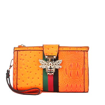 Stripe Ostrich Croc Crossbody Clutch Wristlet