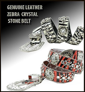 ZR-B001E, Zebra Geniune Leather Rhinestone Belt