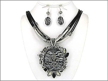 OS02364SBZEB Fleur De Lis Designer Zebra Necklace with Earrings