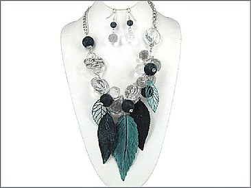 OS02218PTCRY Leaf Patina Necklace with earring
